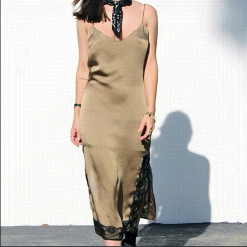 ZARA Olive Green Satin Slip Midi Dress with side slits size Medium